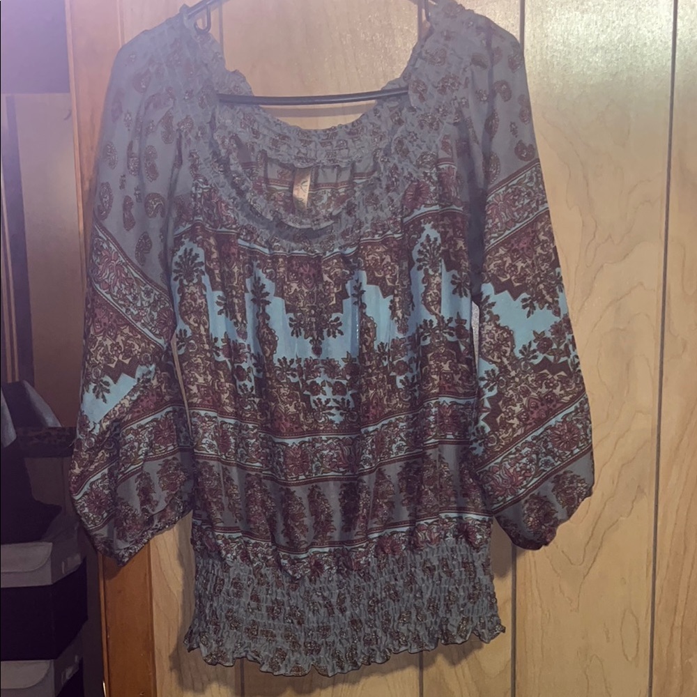 Flying Tomato Smocked 3/4 Sleeve Blouse in Brown and Blue